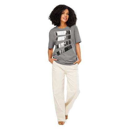 Ronas Design Fragmented Skyline T-Shirt Front View on Women Model in Heather Grey