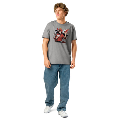Ronas Design Card Queen T-Shirt Front View on Men Model in Heather Grey
