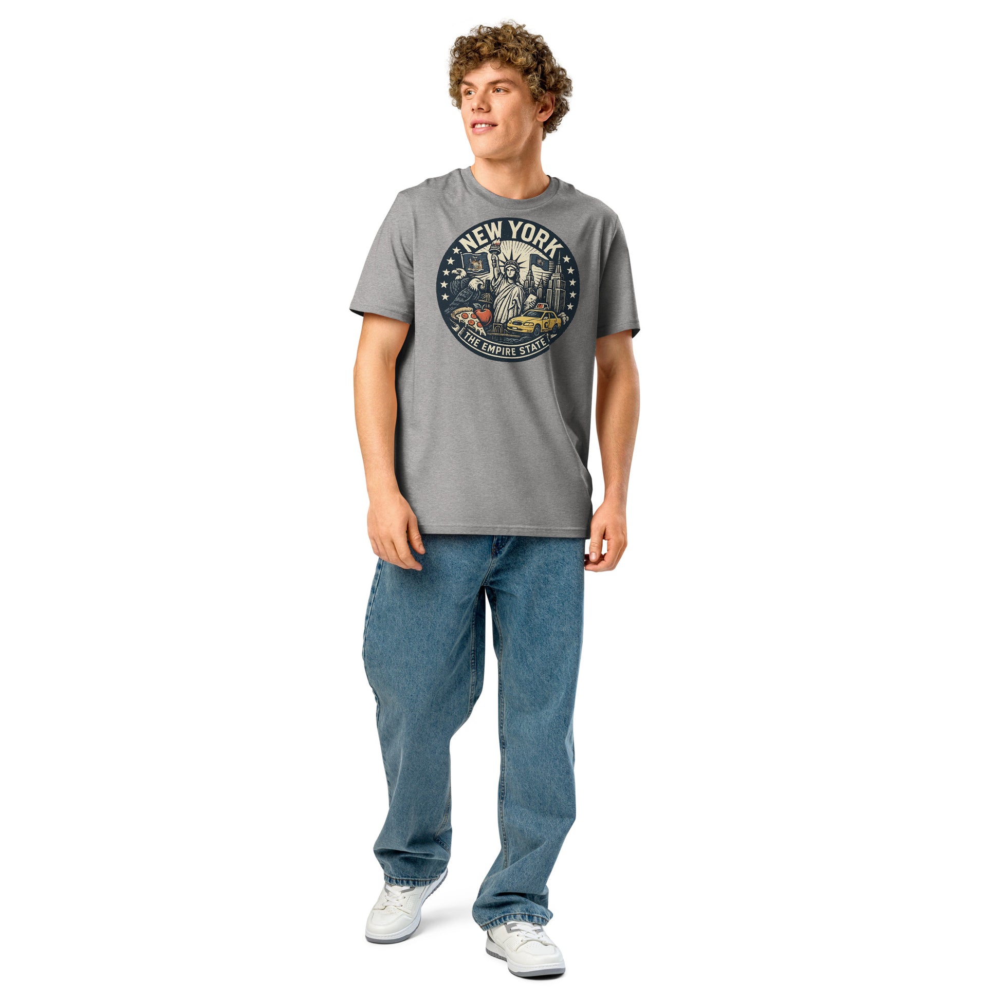Ronas Design New York T-Shirt Front View on Men Model in Heather Grey