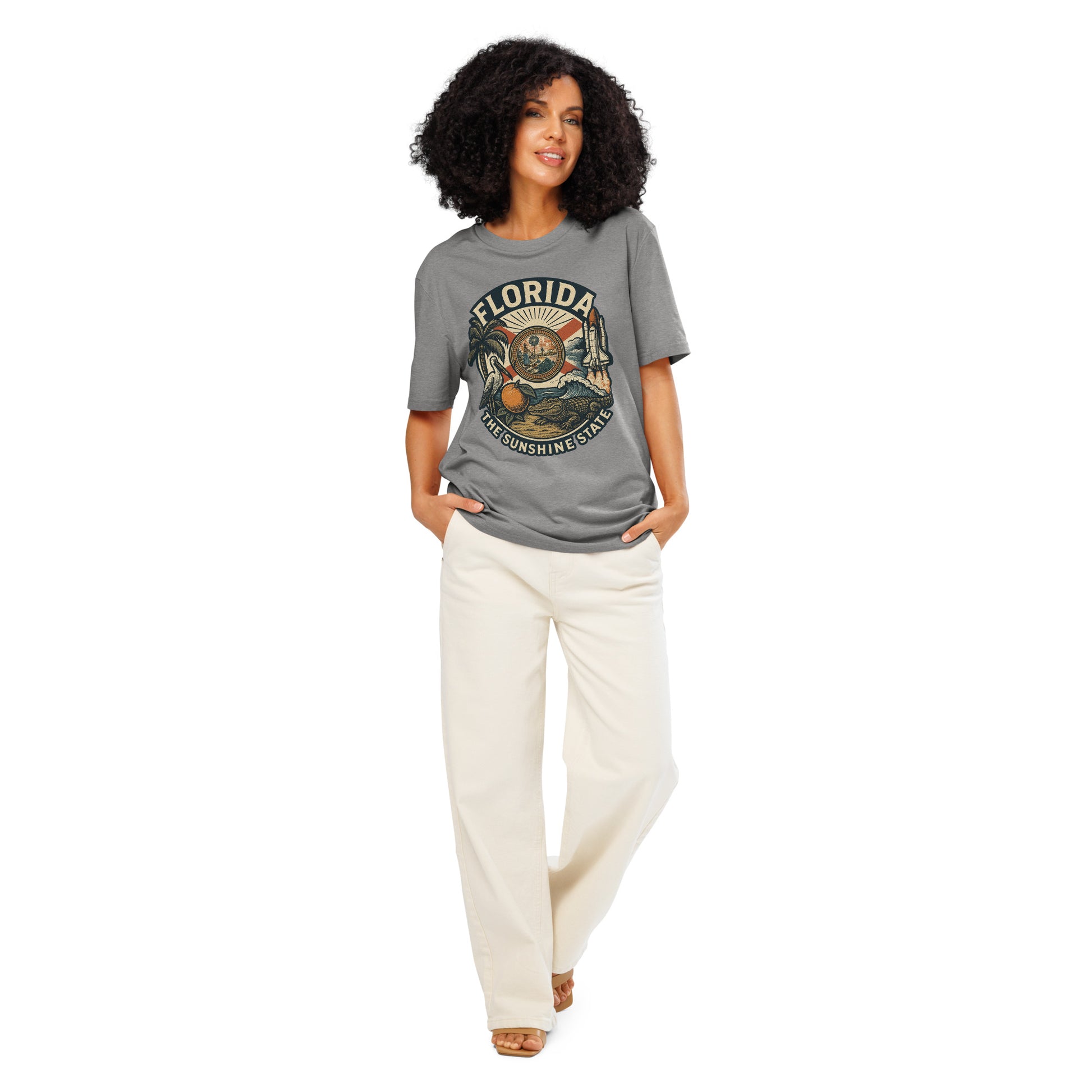 Ronas Design Florida Vibes T-Shirt Front View on Women Model in Heather Grey
