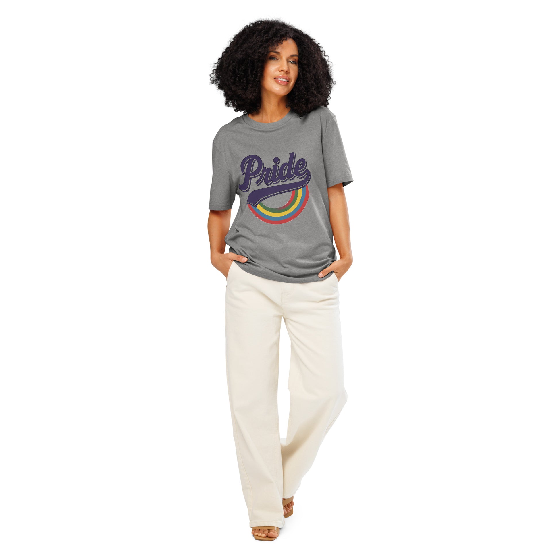 Ronas Design Rainbow Pride T-Shirt Front View on Women Model in Heather Grey