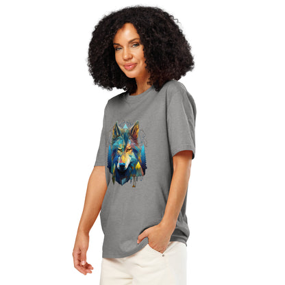 Ronas Design Geometric Forest Wolf T-Shirt Side View on Women Model in Heather Grey