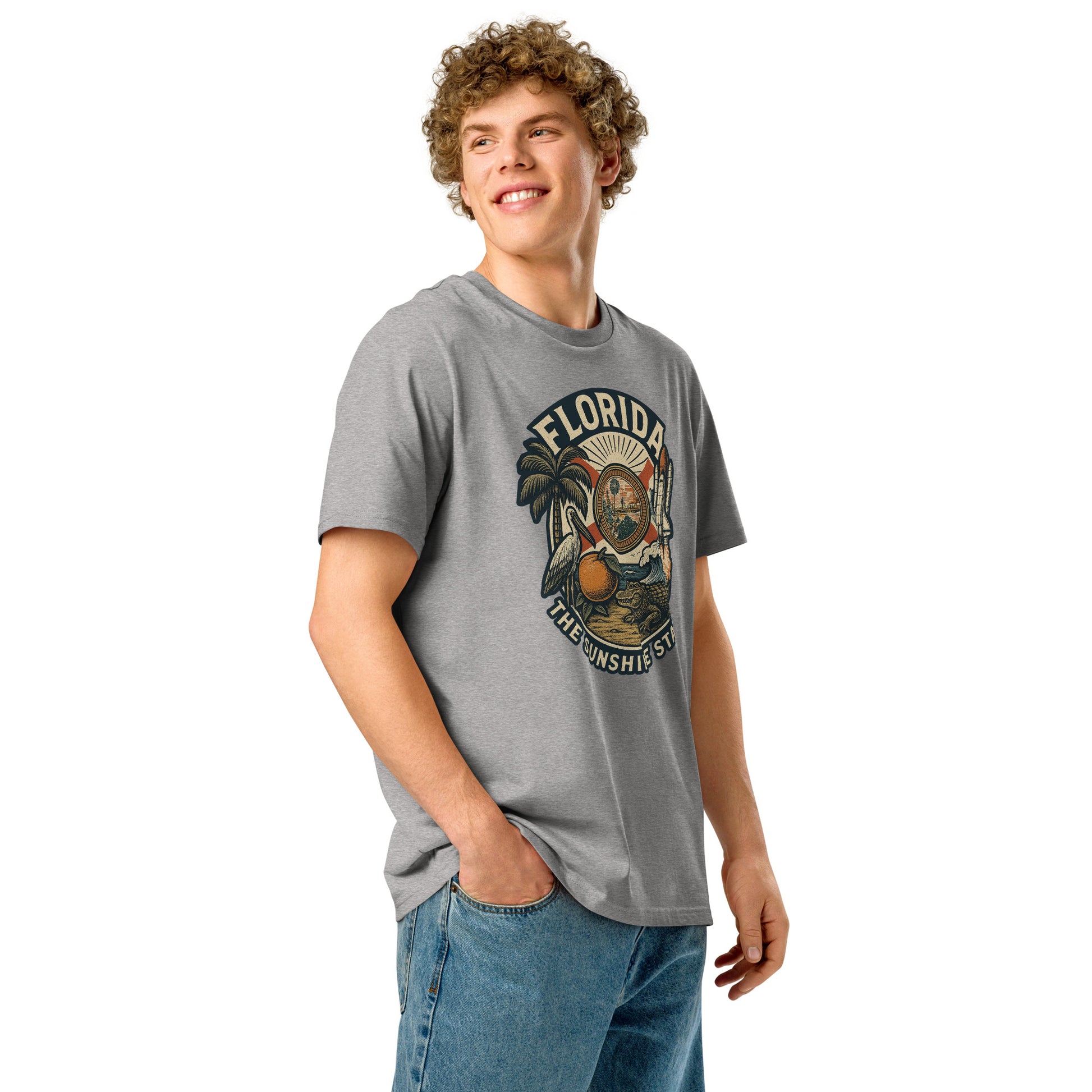 Ronas Design Florida Vibes T-Shirt Front View on Men Model in Heather Grey