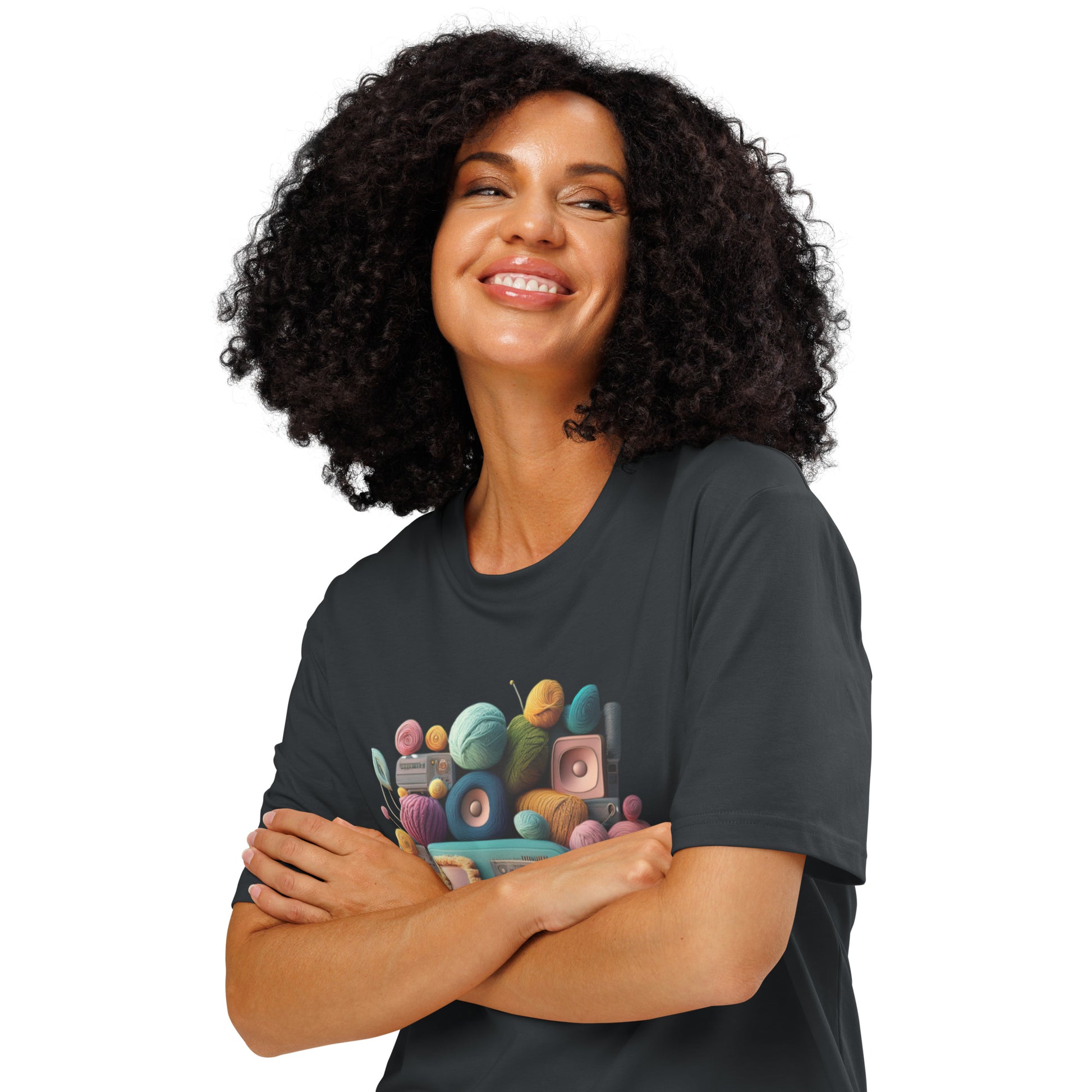 Ronas Design Retro Yarn Radio T-Shirt Quarter View on Women Model in Heather Gray