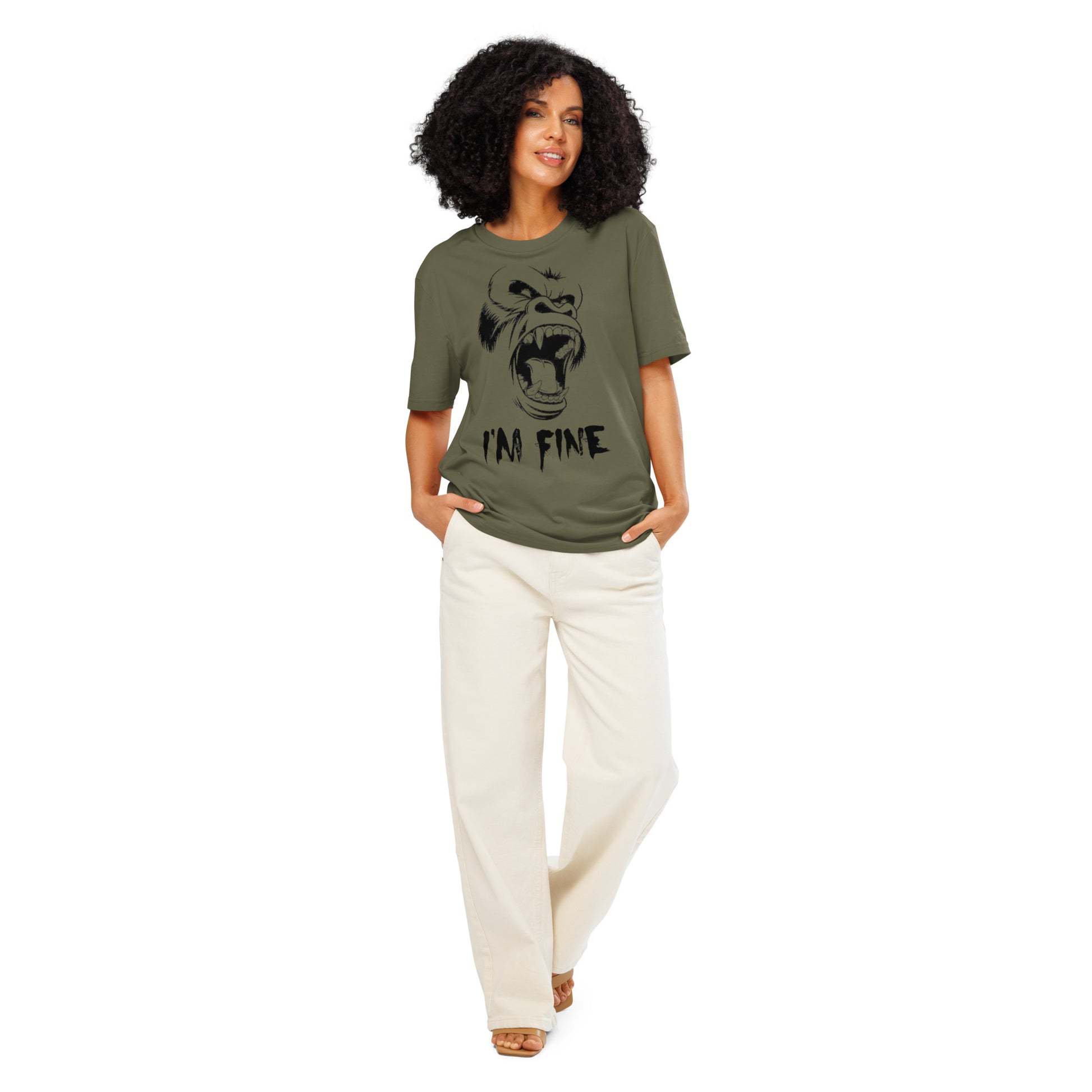 Ronas Design I'm Fine T-Shirt Front View on Women Model in Khaki