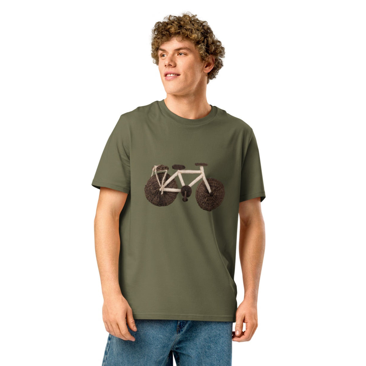 Ronas Design Handcrafted Yarn Bicycle T-Shirt Front View on Model in Khaki