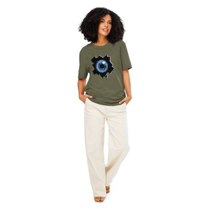 Ronas Design Cracked Reality Eye T-Shirt Front View on Women Model in Khaki