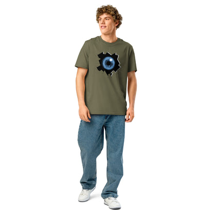 Ronas Design Cracked Reality Eye T-Shirt Front View on Men Model in Khaki