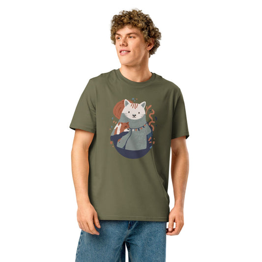 Ronas Design Cozy Cat T-Shirt Front View on Men Model in Khaki