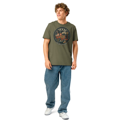 Ronas Design Texas Pride T-Shirt Front View on Men Model in Khaki