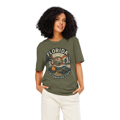 Ronas Design Florida Vibes T-Shirt Front View on Women Model in Khaki