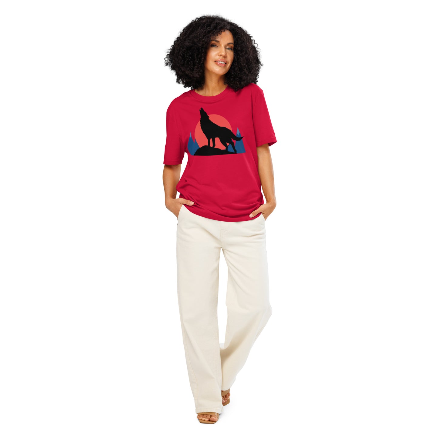 Ronas Design Sunset Wolf Howl T-Shirt Front View on Women Model in Red