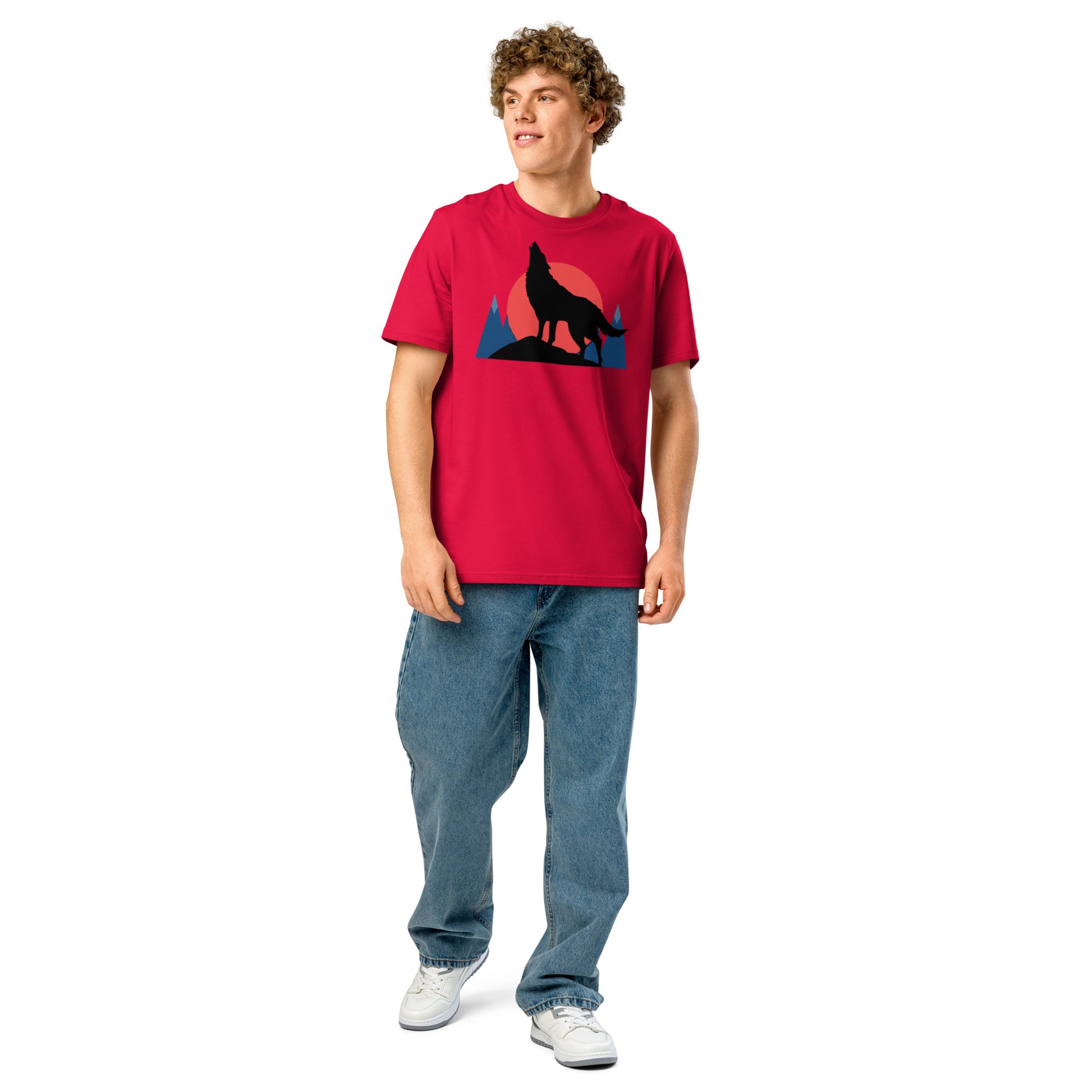 Ronas Design Sunset Wolf Howl T-Shirt Front View on Men Model in Red