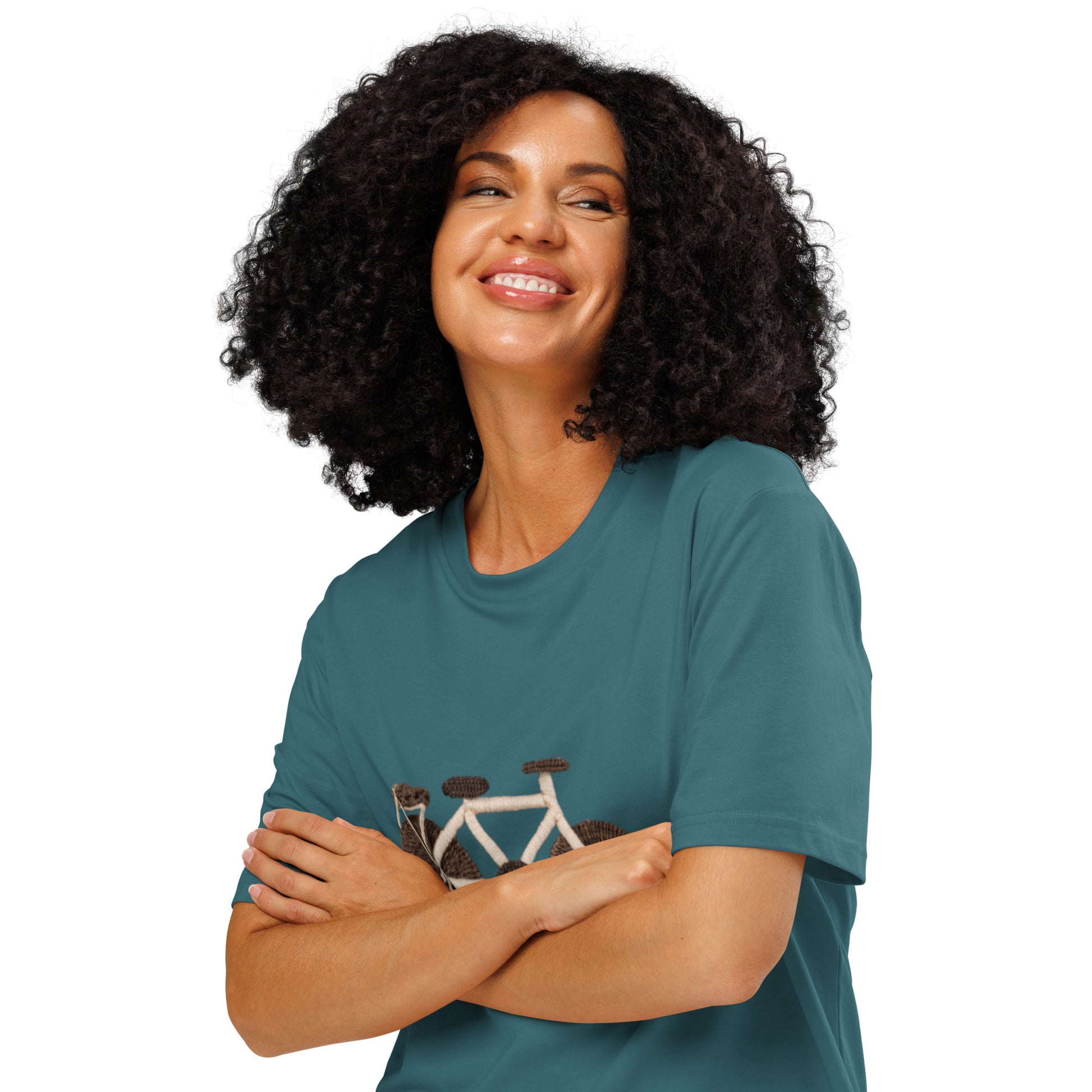 Ronas Design Handcrafted Yarn Bicycle T-Shirt Quarter View on Women Model in Stargazer
