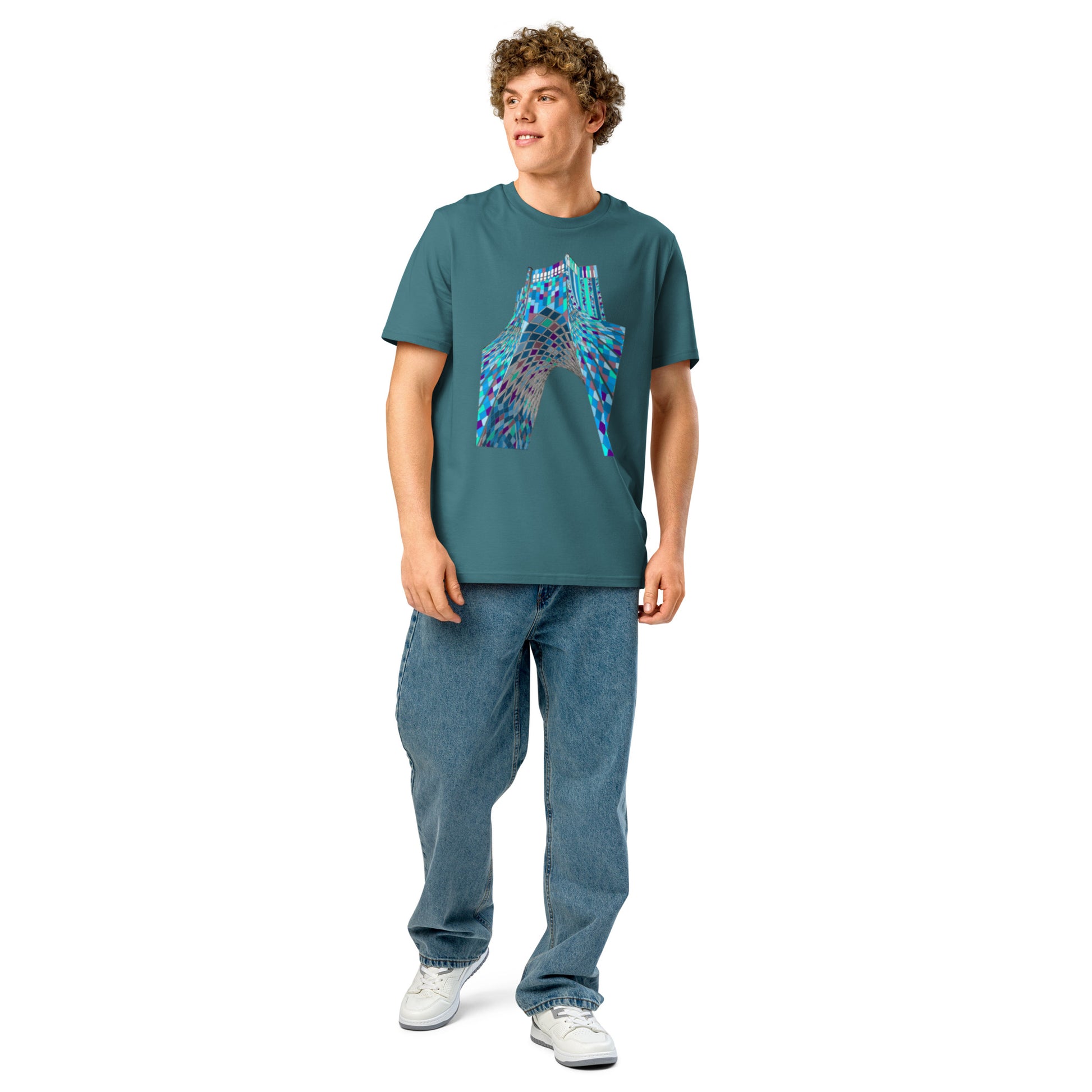 Ronas Design Shahyad Tower T-Shirt Front View on Men Model in Stargazer