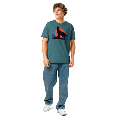 Ronas Design Sunset Wolf Howl T-Shirt Front View on Men Model in Stargazer