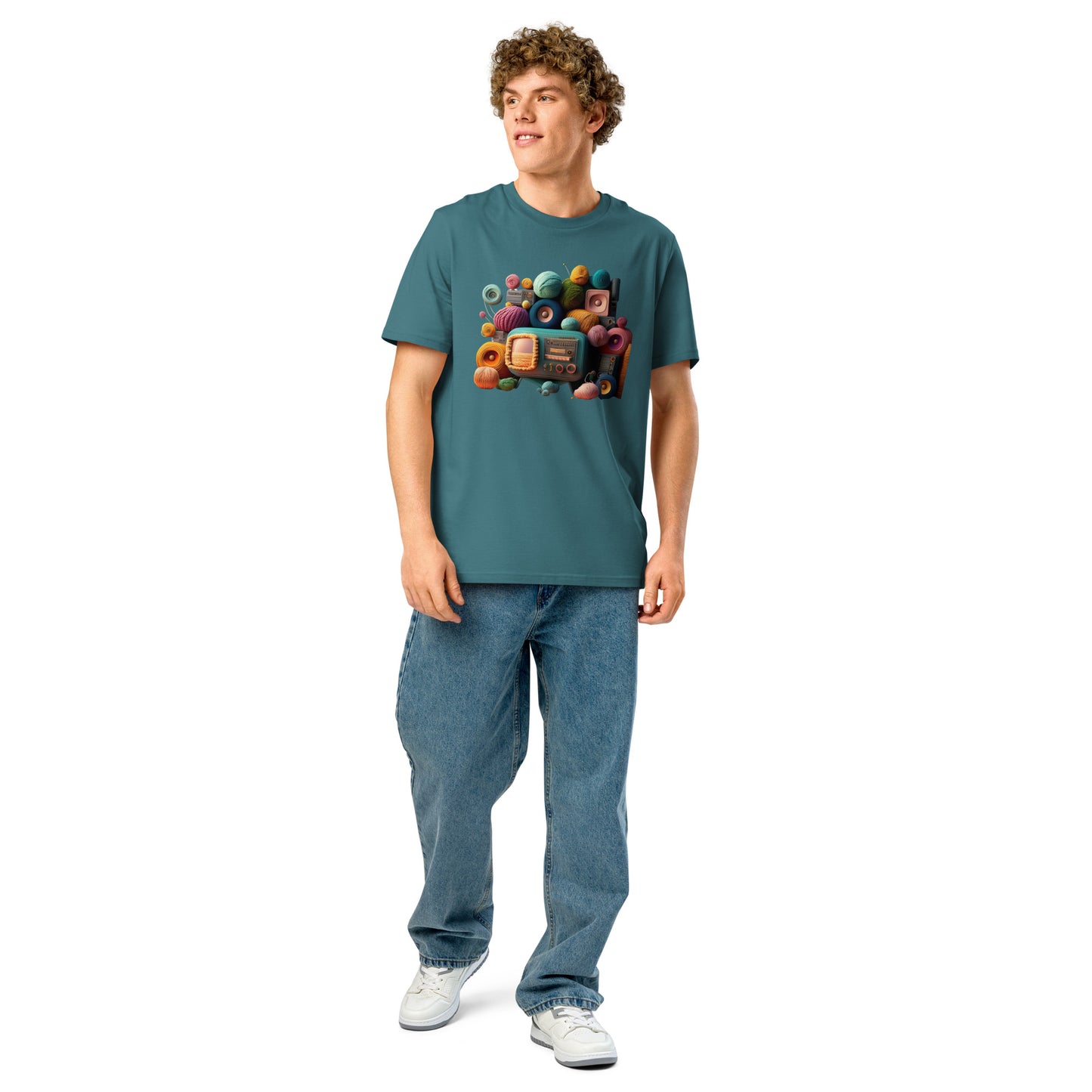 Ronas Design Retro Yarn Radio T-Shirt Front View on Men Model in Stargazer