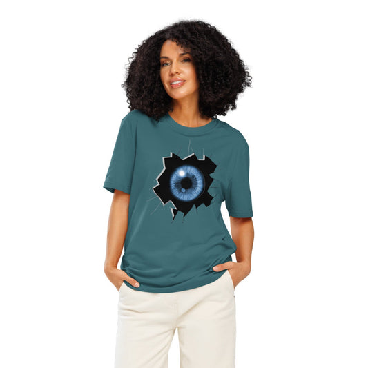 Ronas Design Cracked Reality Eye T-Shirt Front View on Women Model in Stargazer