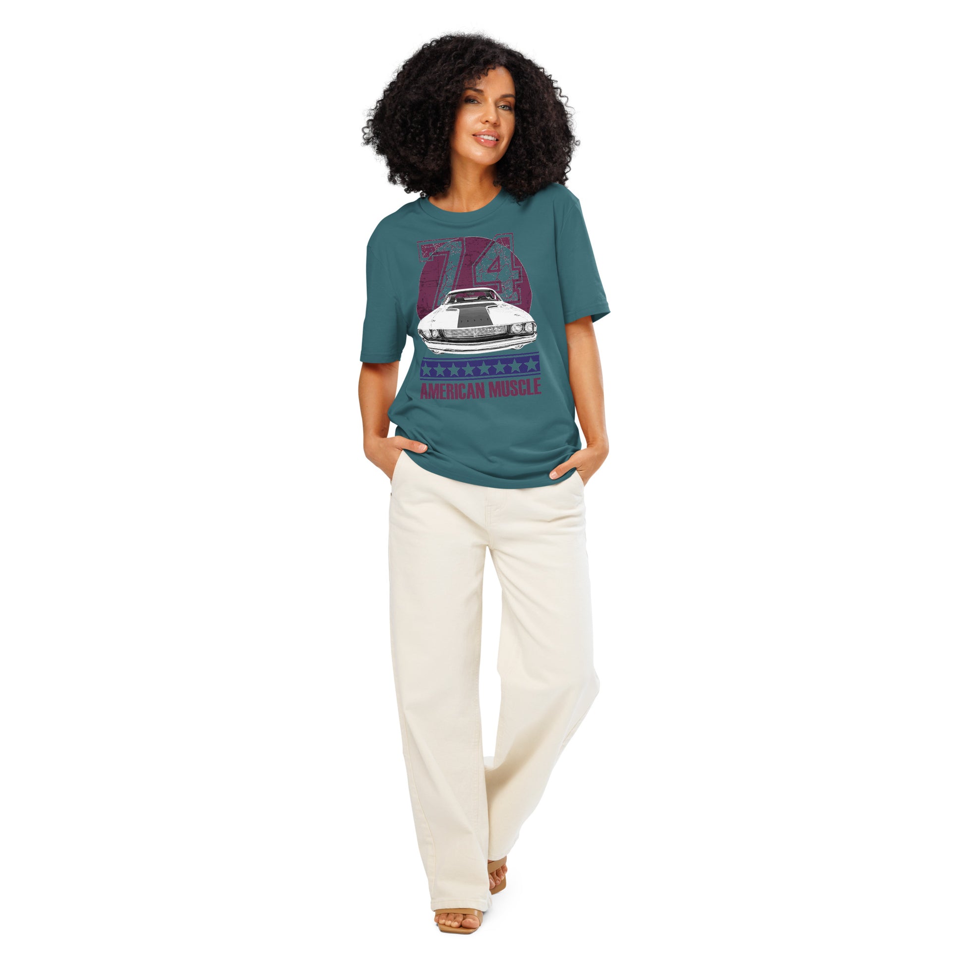 Ronas Design American Muscle T-Shirt Front View on Women Model in Stargazer