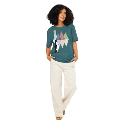 Ronas Design Geometric Penguin T-Shirt Front View on Women Model in Stargazer