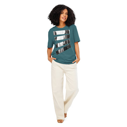 Ronas Design Fragmented Skyline T-Shirt Front View on Women Model in Stargazer