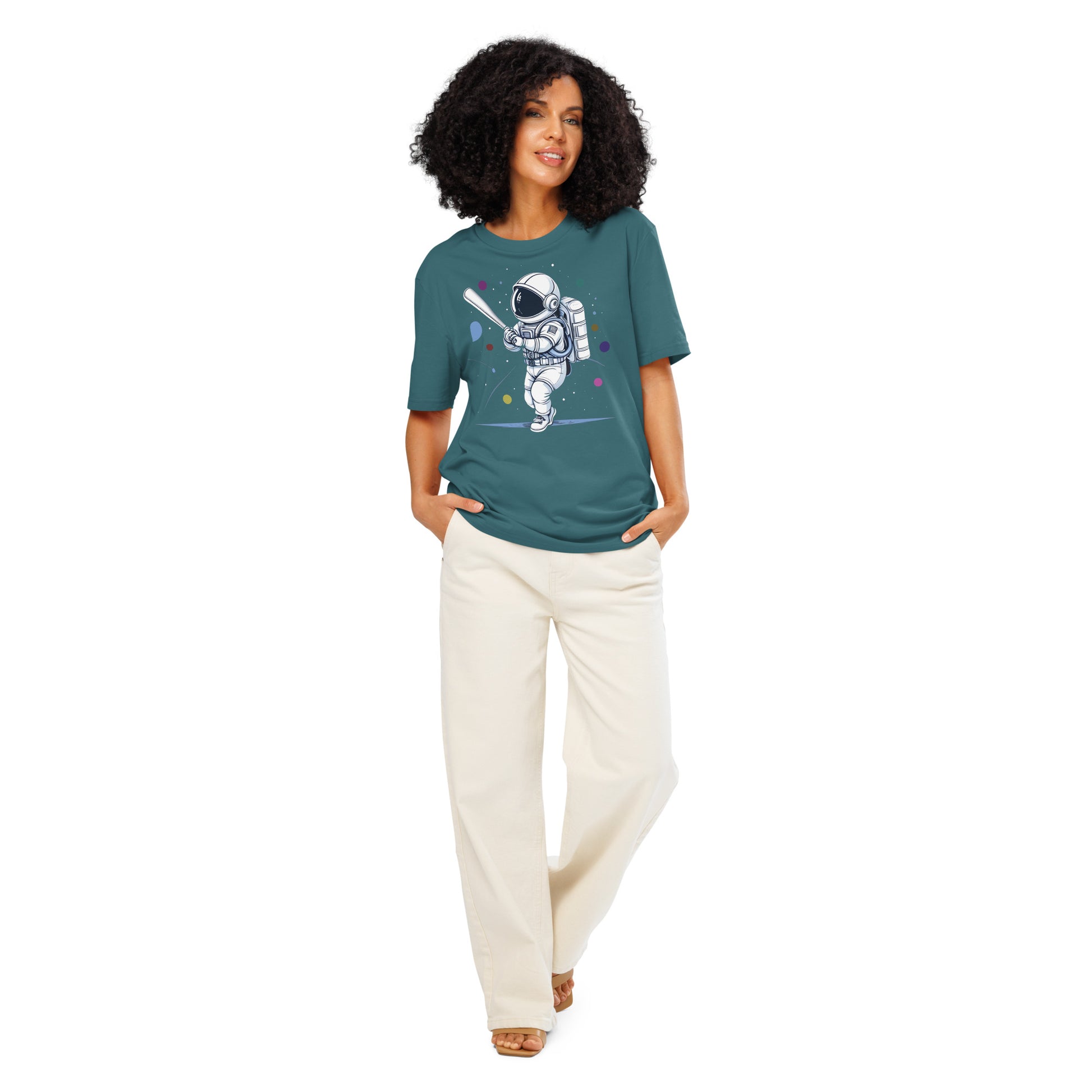 Ronas Design Astronaut Swing T-Shirt Front View on Women Model in Stargazer