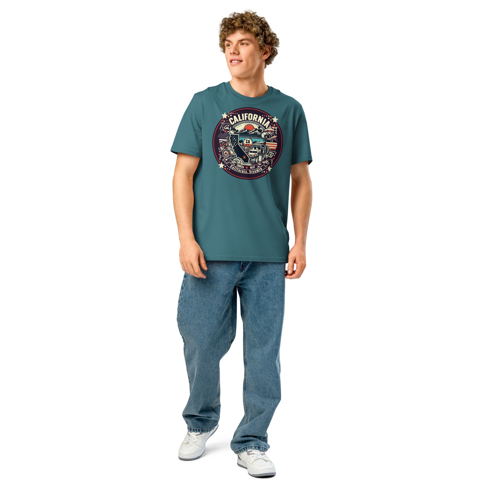 Ronas Design California Dreamin T-Shirt Front View on Men Model in Stargazer