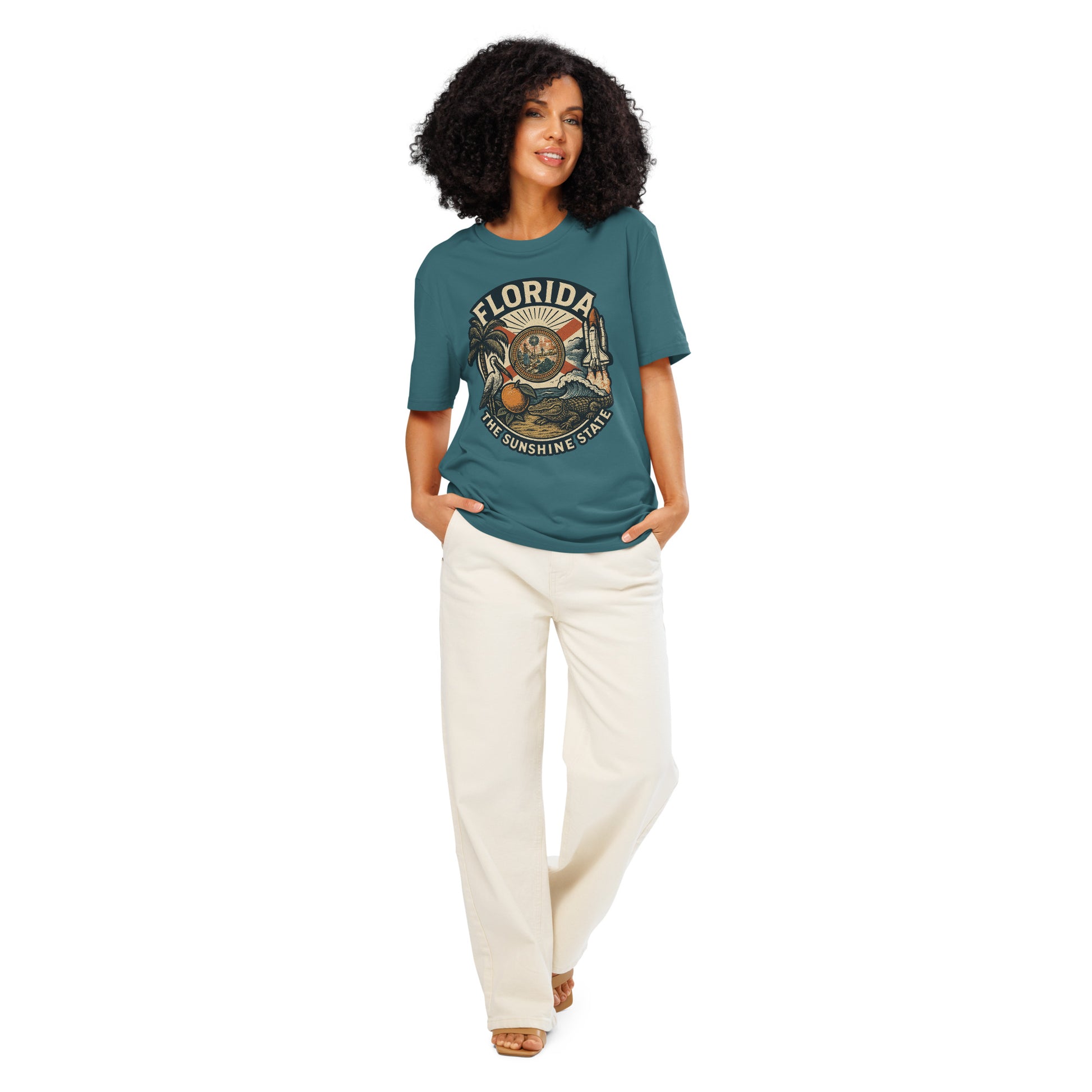 Ronas Design Florida Vibes T-Shirt Front View on Women Model in Stargazer
