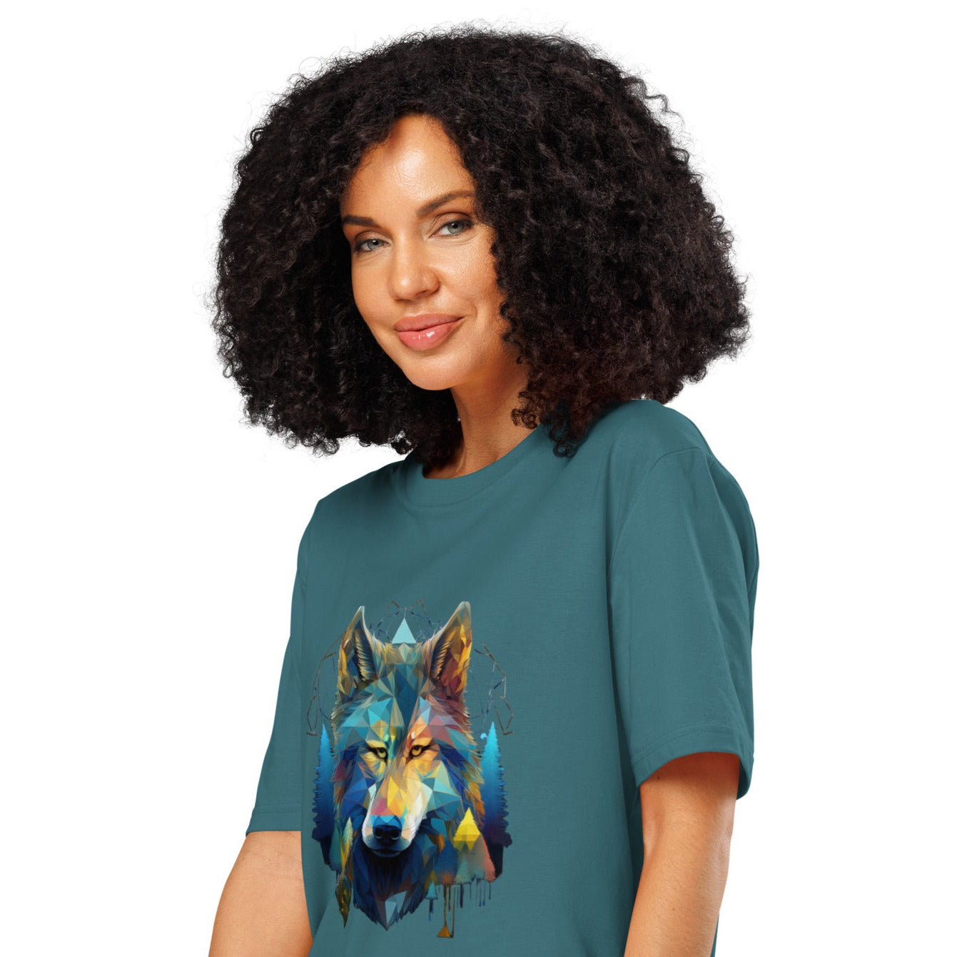 Ronas Design Geometric Forest Wolf T-Shirt Side View on Women Model in Stargazer