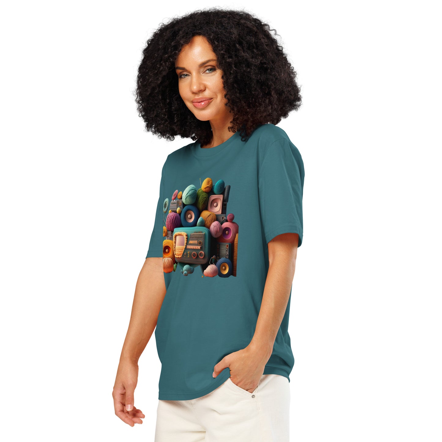 Ronas Design Retro Yarn Radio T-Shirt Quarter View on Women Model in Stargazer