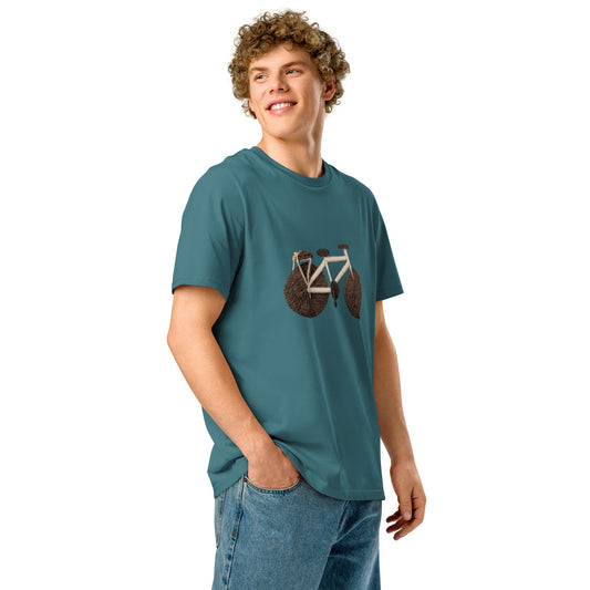 Ronas Design Handcrafted Yarn Bicycle T-Shirt Side View on Model in Stargazer