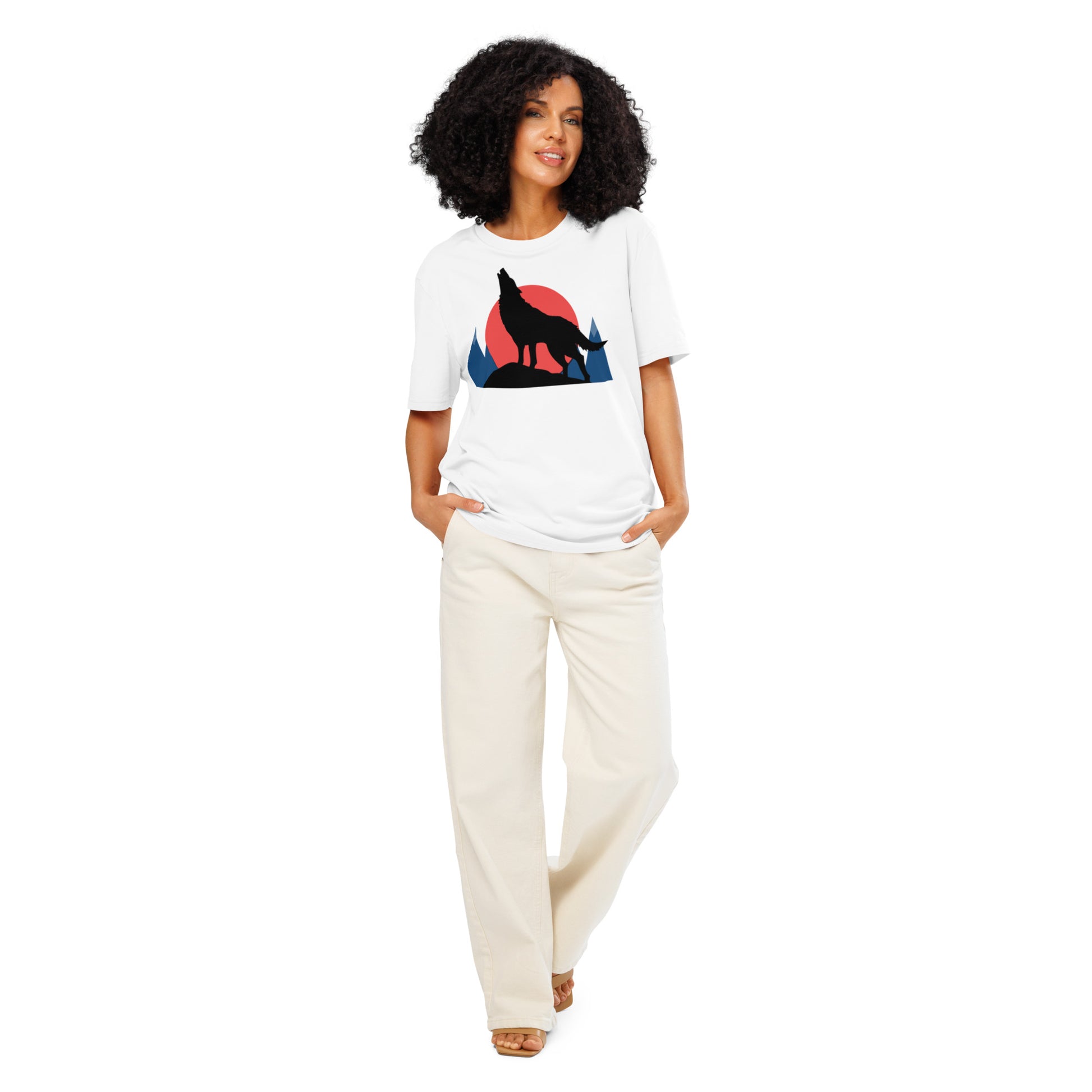Ronas Design Sunset Wolf Howl T-Shirt Front View on Women Model in White