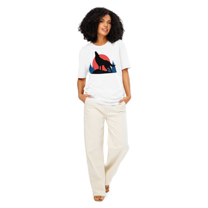 Ronas Design Sunset Wolf Howl T-Shirt Front View on Women Model in White