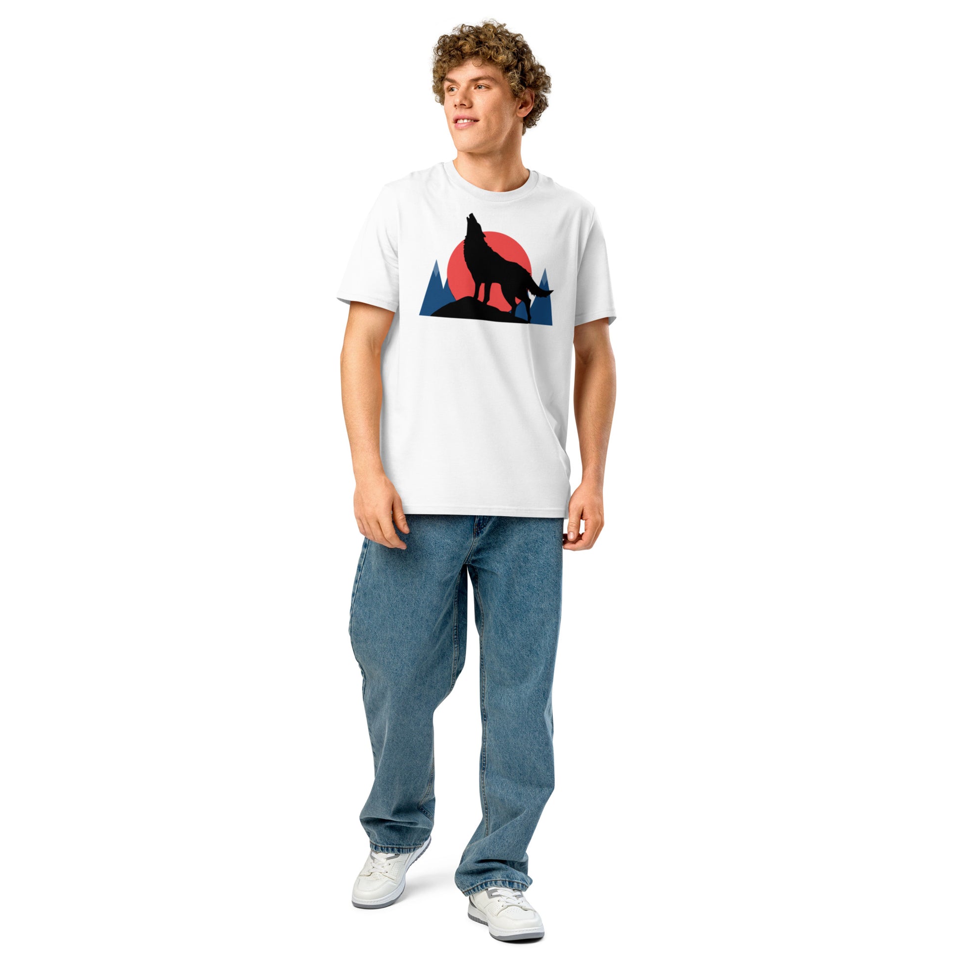 Ronas Design Sunset Wolf Howl T-Shirt Front View on Men Model in White