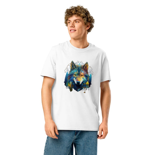 Ronas Design Geometric Forest Wolf T-Shirt Front View on Model in White