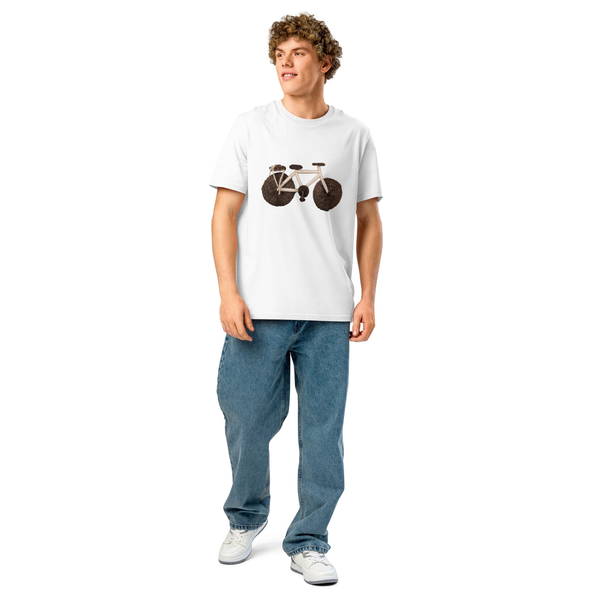 Ronas Design Handcrafted Yarn Bicycle T-Shirt Front View on Model in White