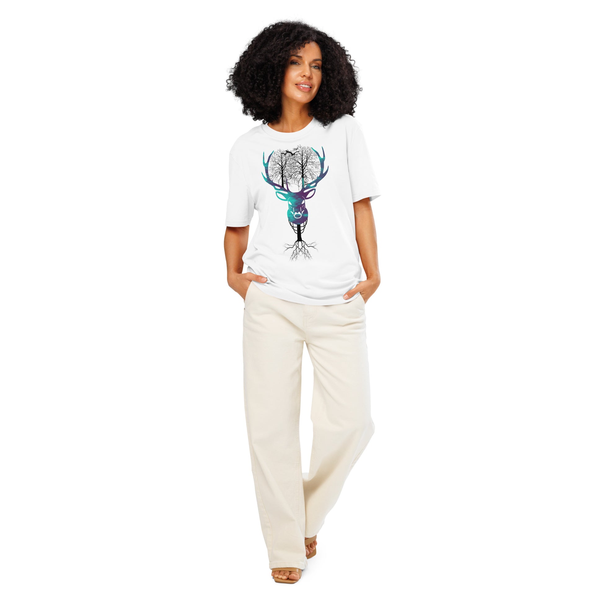 Ronas Design Nature Spirit T-Shirt Front View on Women Model in White