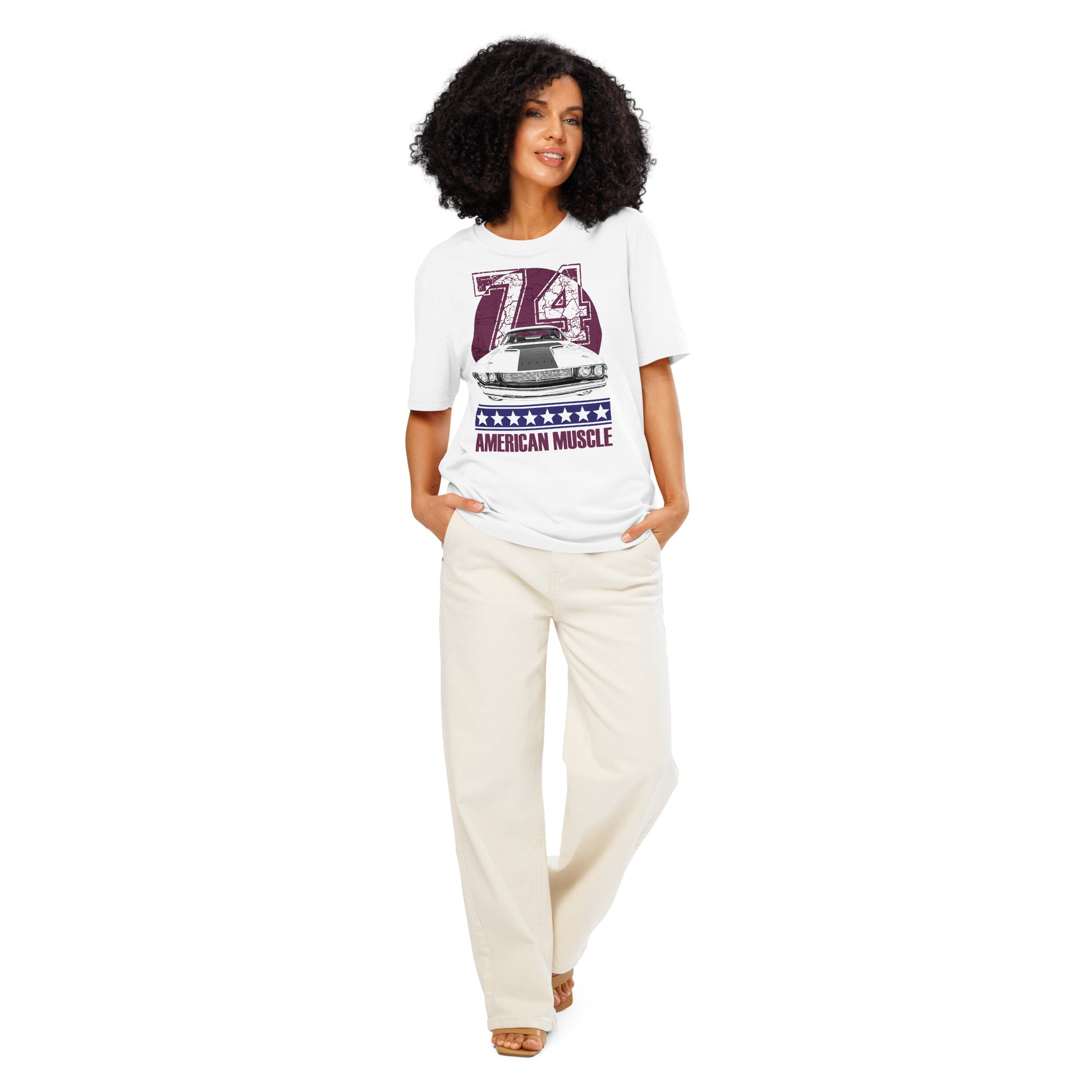 Ronas Design American Muscle T-Shirt Front View on Women Model in White