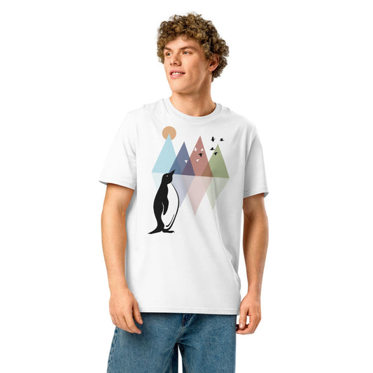 Ronas Design Geometric Penguin T-Shirt Front View on Men Model in White