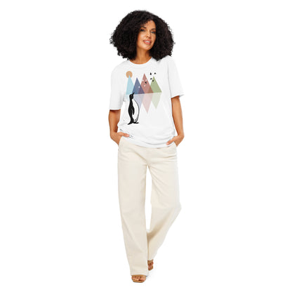 Ronas Design Geometric Penguin T-Shirt Front View on Women Model in White