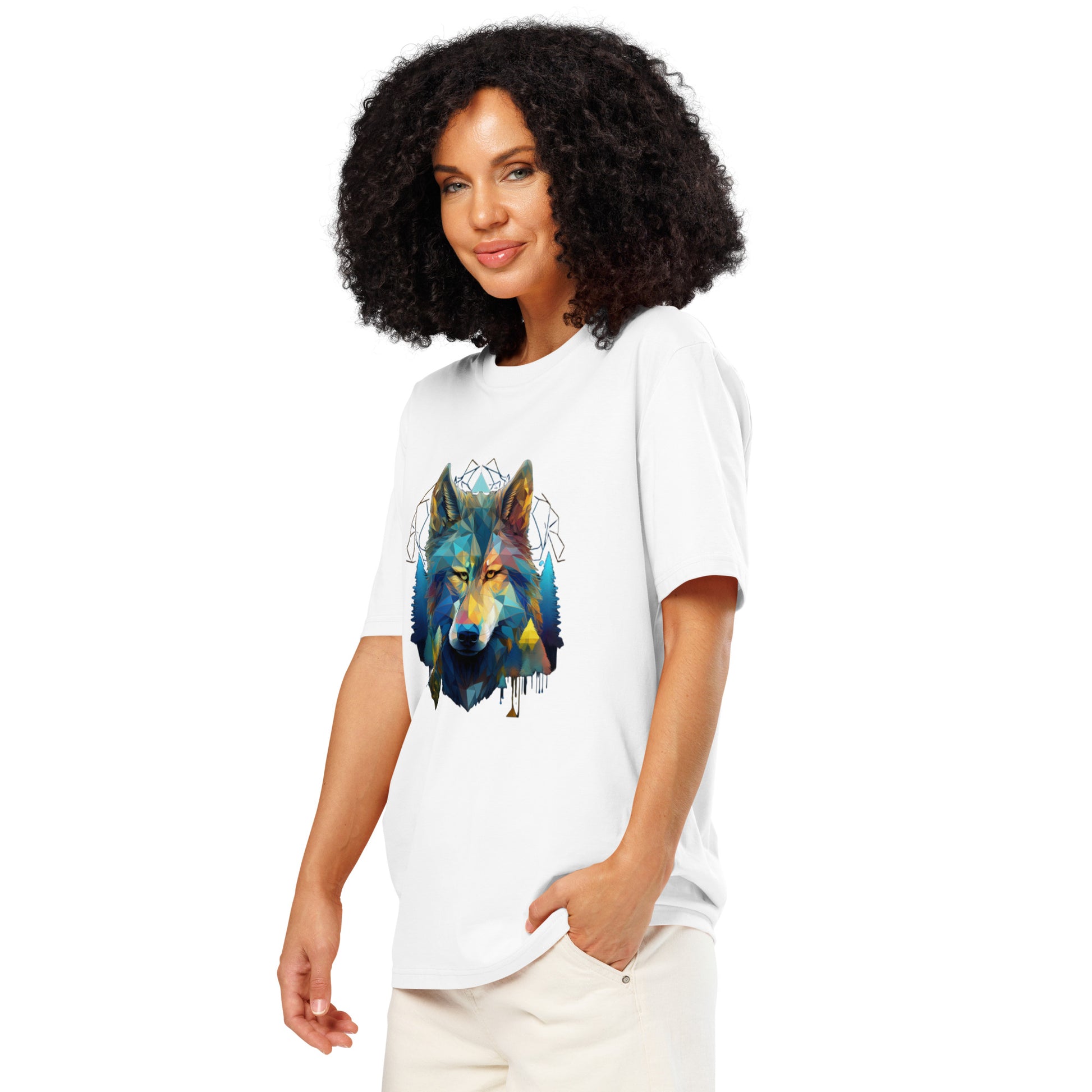Ronas Design Geometric Forest Wolf T-Shirt Side View on Women Model in White