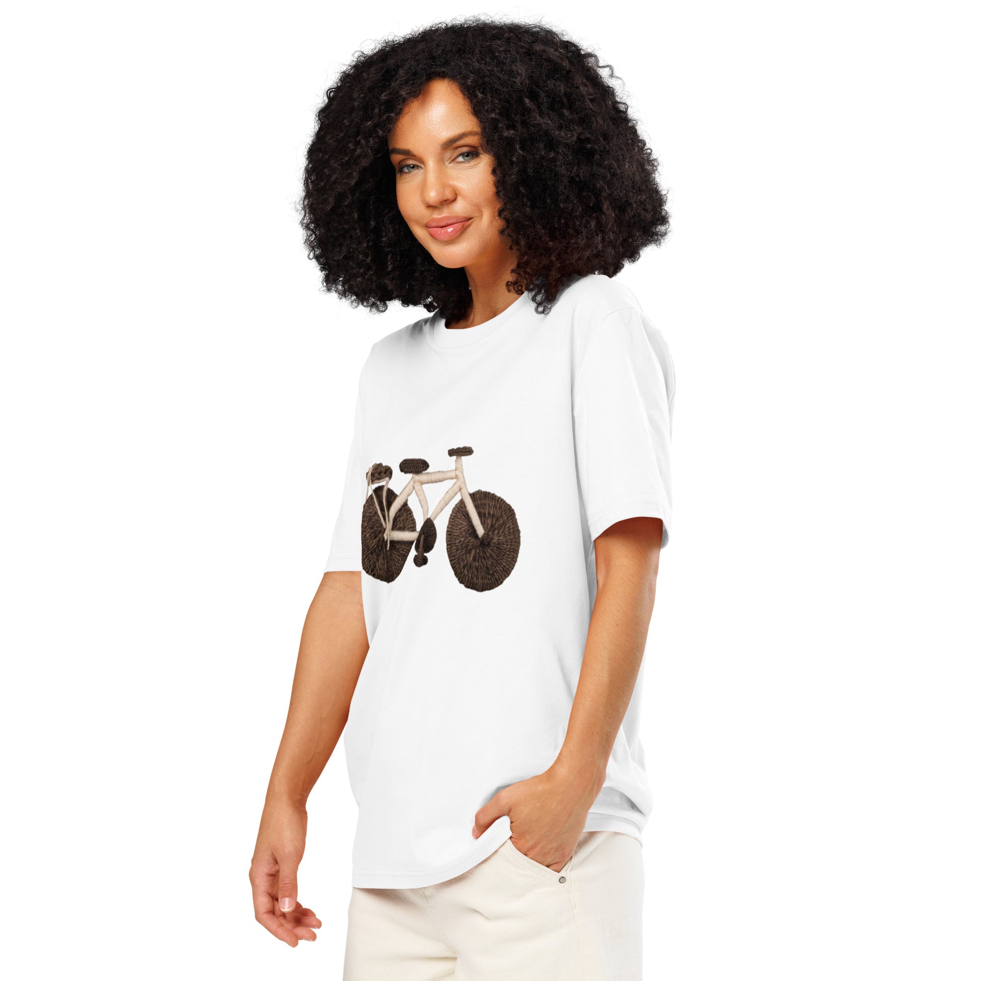 Ronas Design Handcrafted Yarn Bicycle T-Shirt Side View on Women Model in White