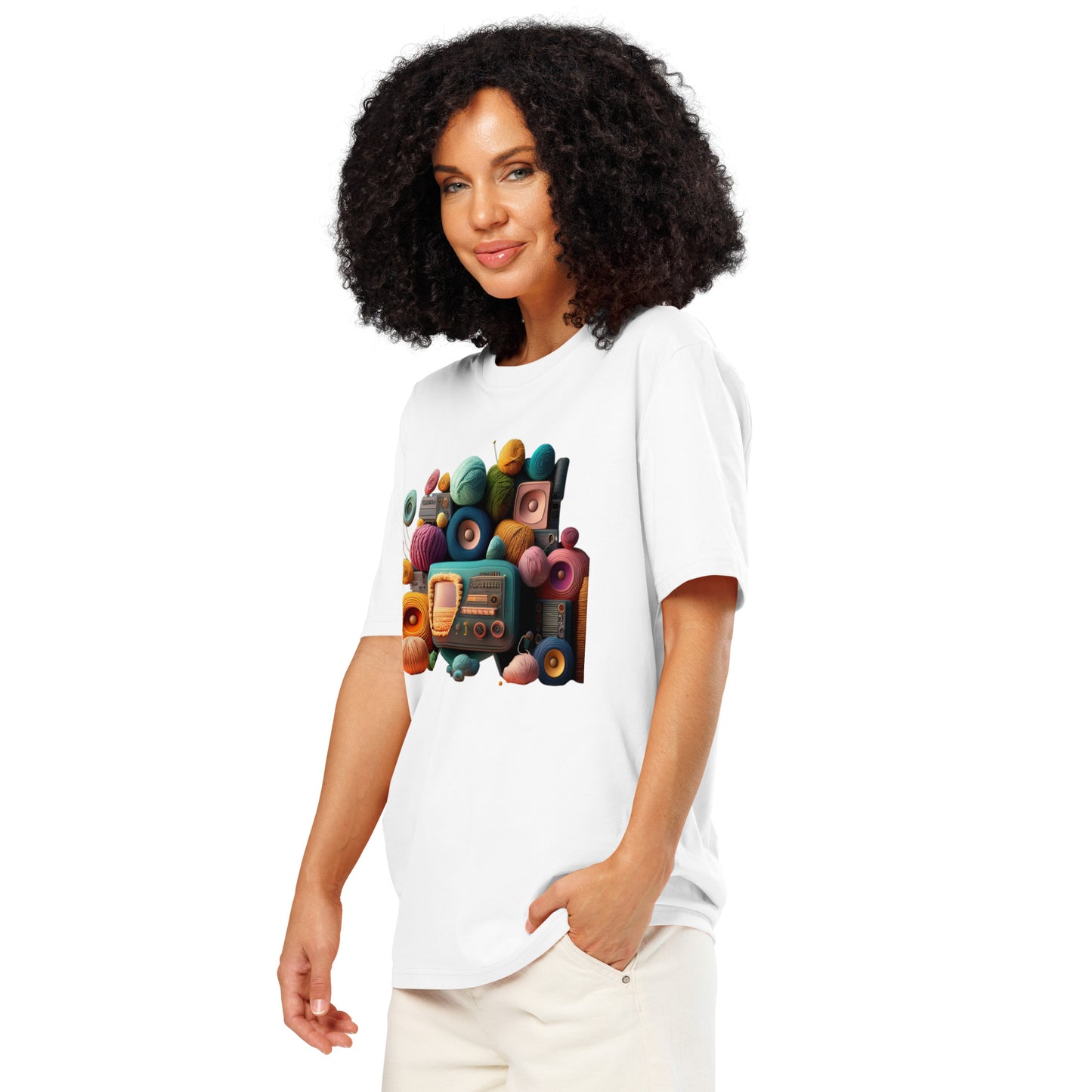 Ronas Design Retro Yarn Radio T-Shirt Side View on Women Model in White