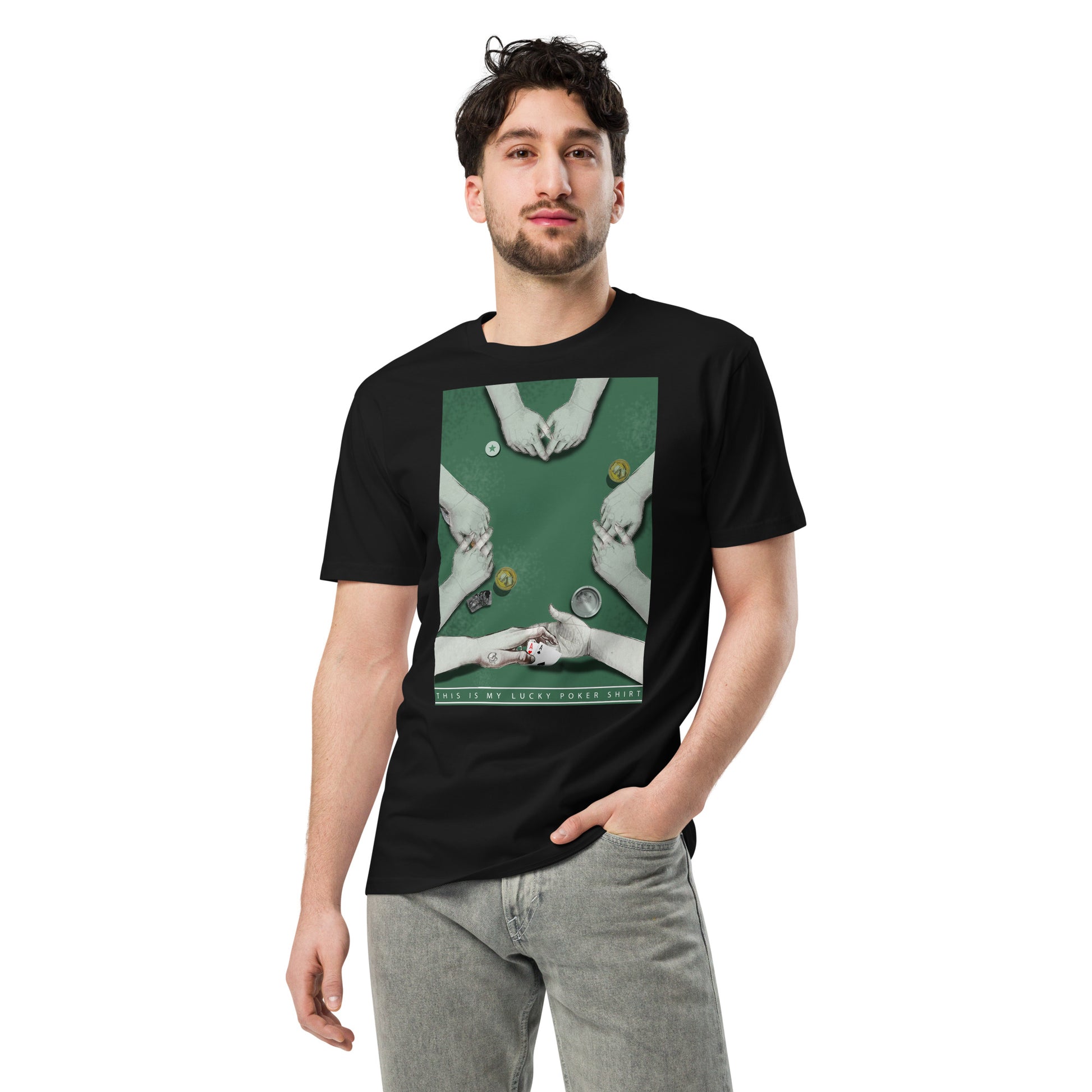 Ronas Design Lucky Poker T-Shirt Front View on Men Model in Black