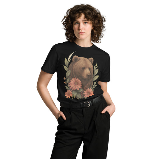 Ronas Design Floral Bear T-Shirt Front View on Women Model in Black