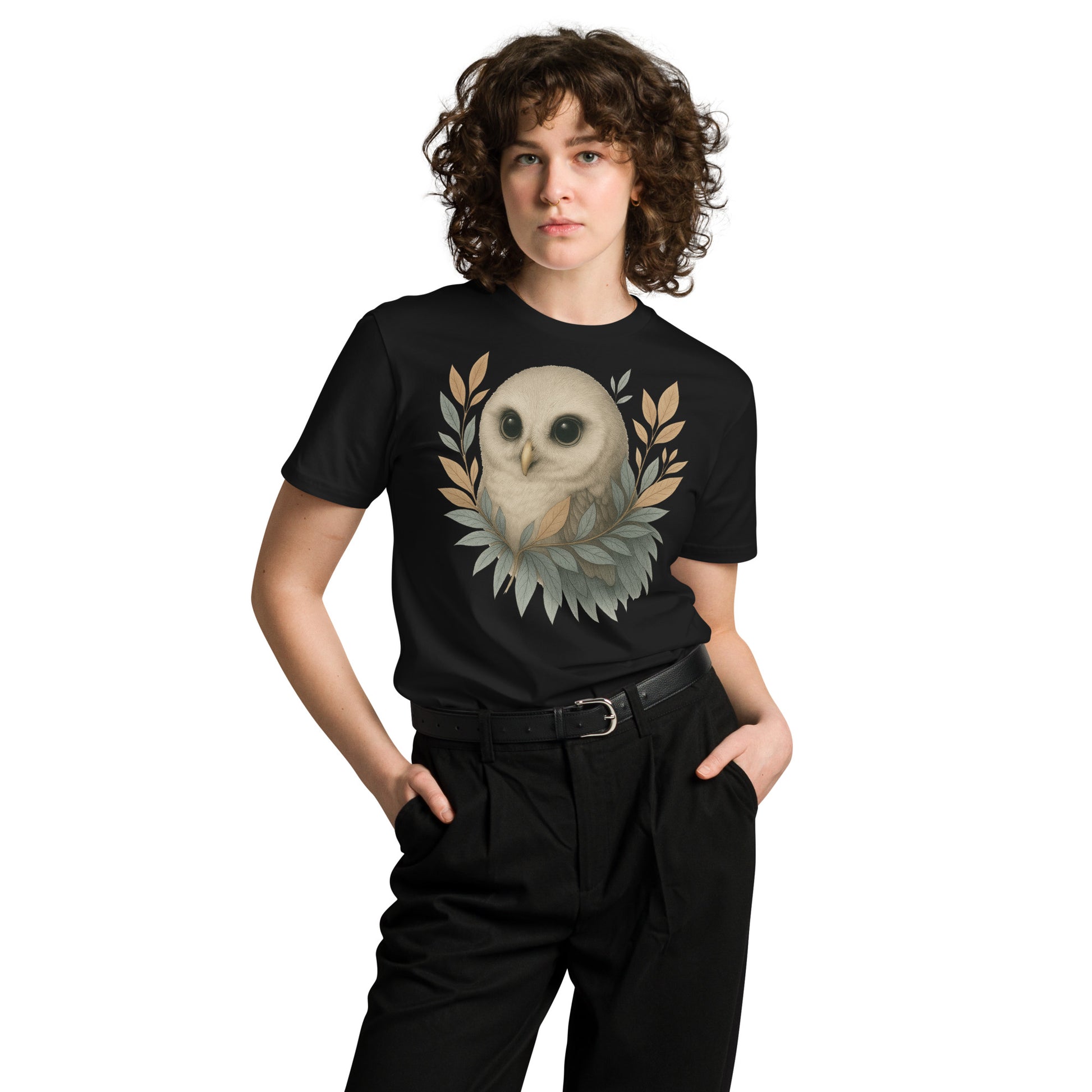 Ronas Design Wise Owl T-Shirt Front View on Women Model in Black