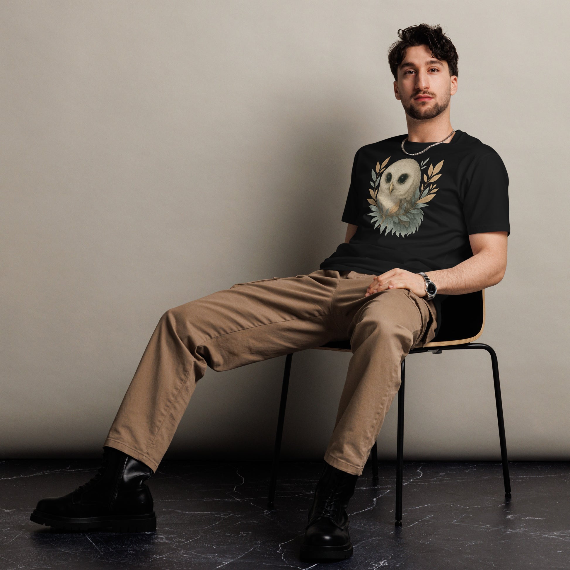 Ronas Design Wise Owl T-Shirt Front View on Men Model in Black
