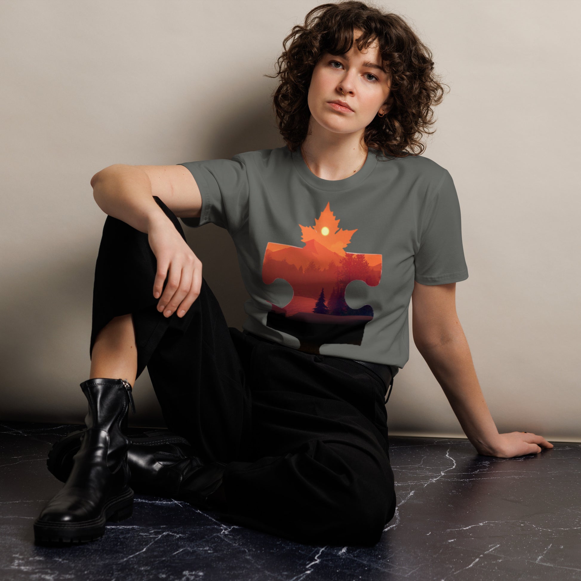 Ronas Design Piece of the North T-Shirt Front View on Women Model in Charcoal