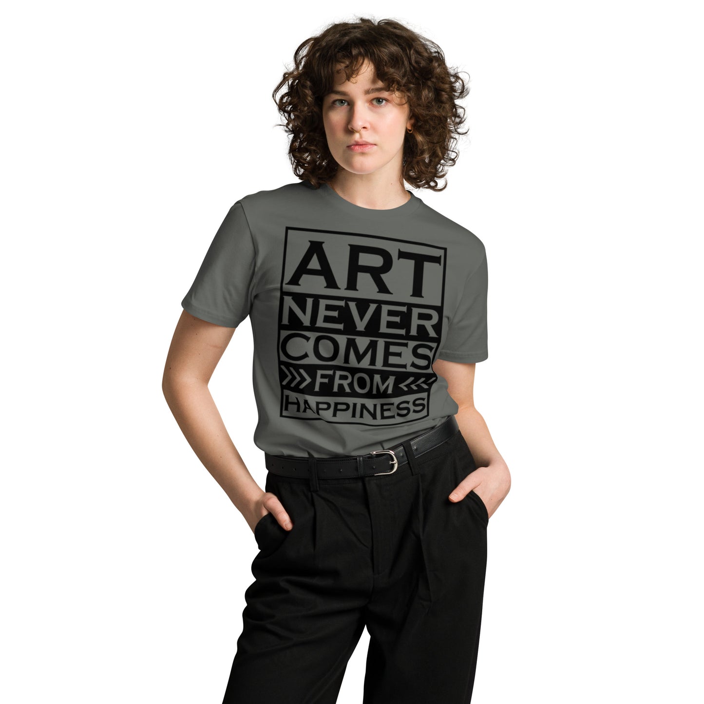 Ronas Design Creative Grit T-Shirt Front View on Women Model in Charcoal