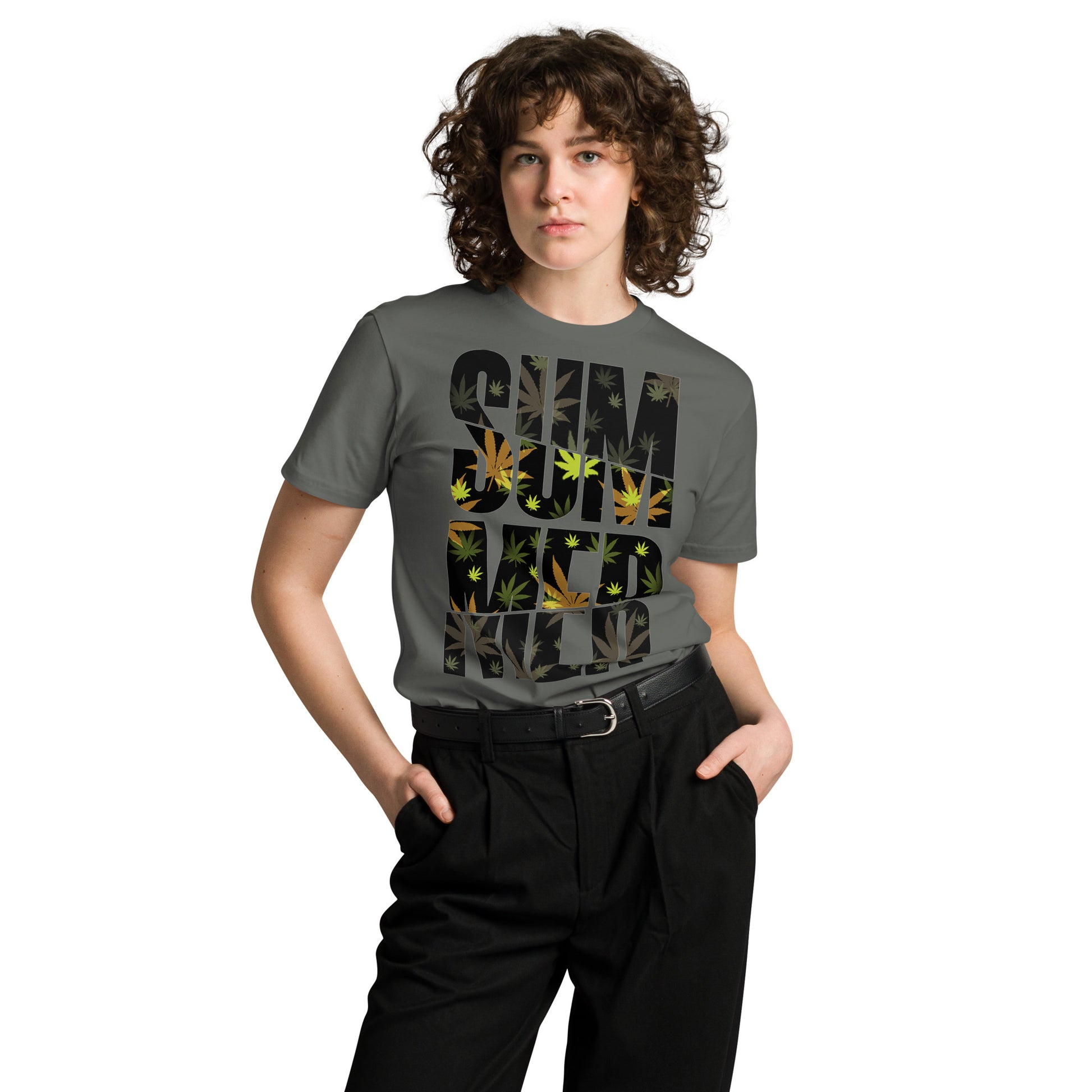 Ronas Design Summer T-Shirt Front View on Women Model in Charcoal